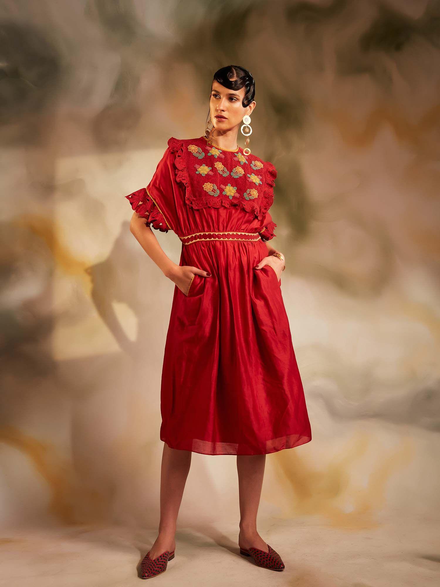 red smocked yoke ruffle dress