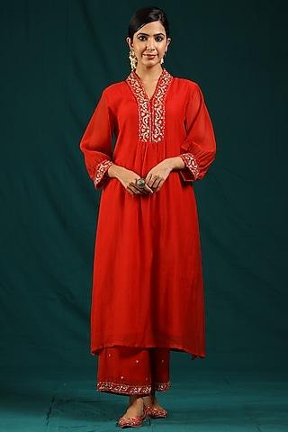 red soft chanderi embroidered kurta set