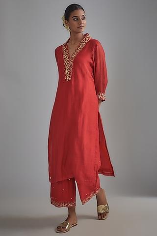 red soft chanderi hand embroidered kurta set