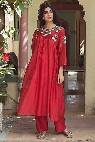 red soft chanderi hand embroidered tunic set