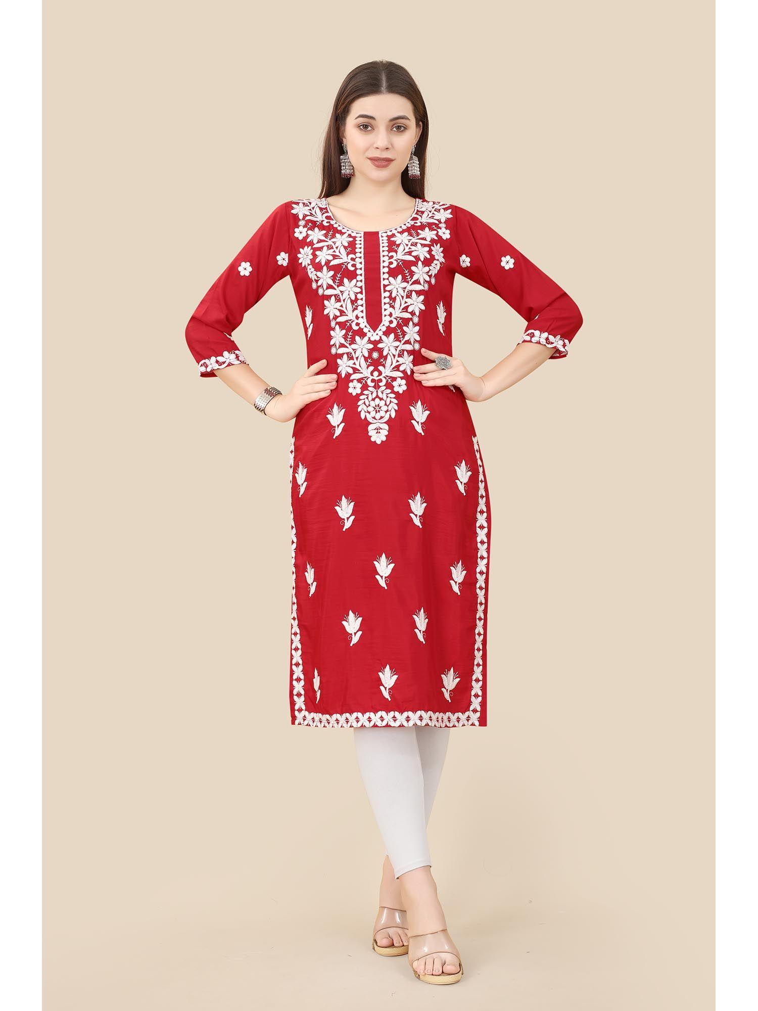 red soft chinnon embroidery work straight kurtas