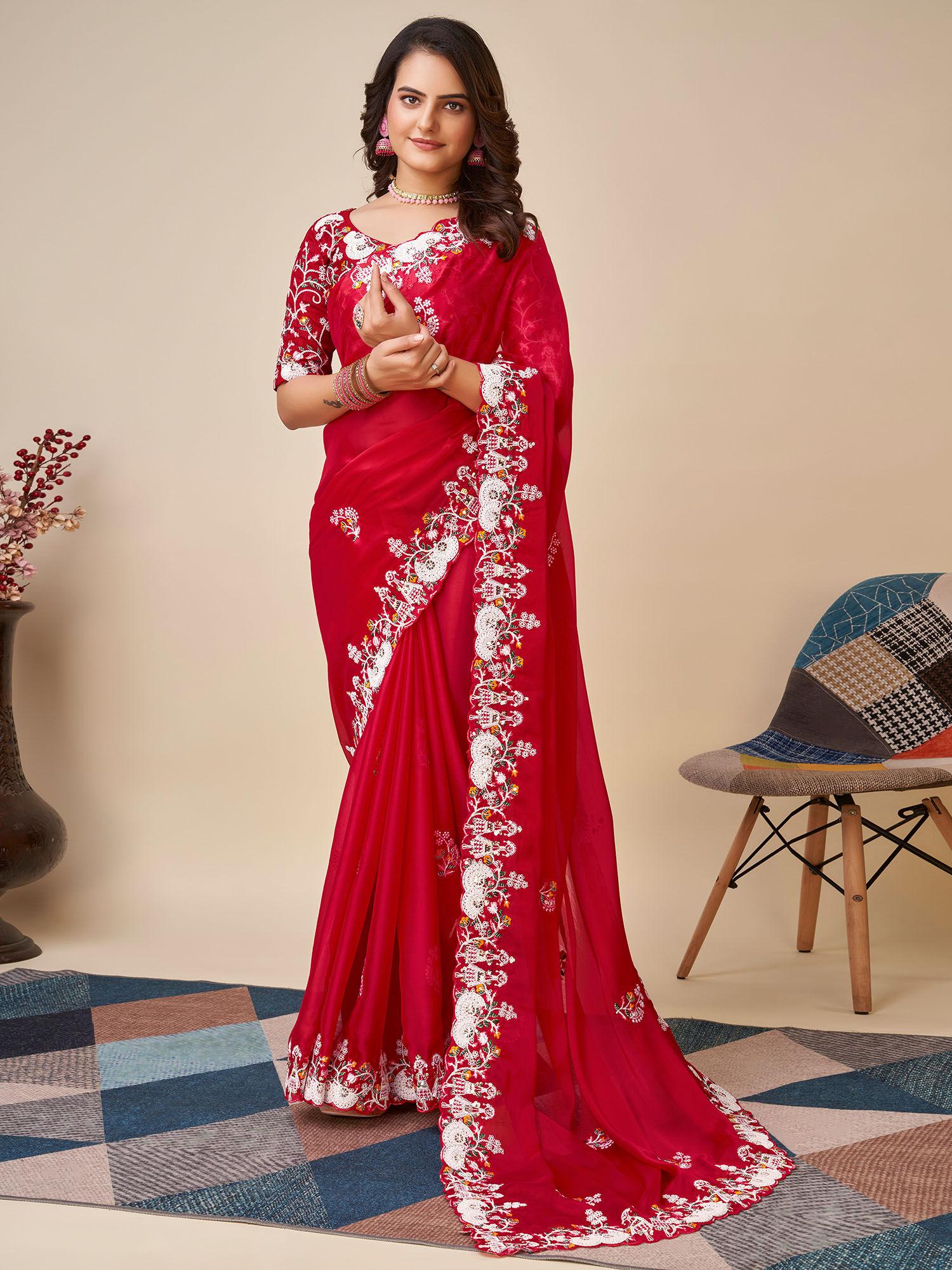 red soft georgette embroidery saree with mono banglory with unstitched blouse