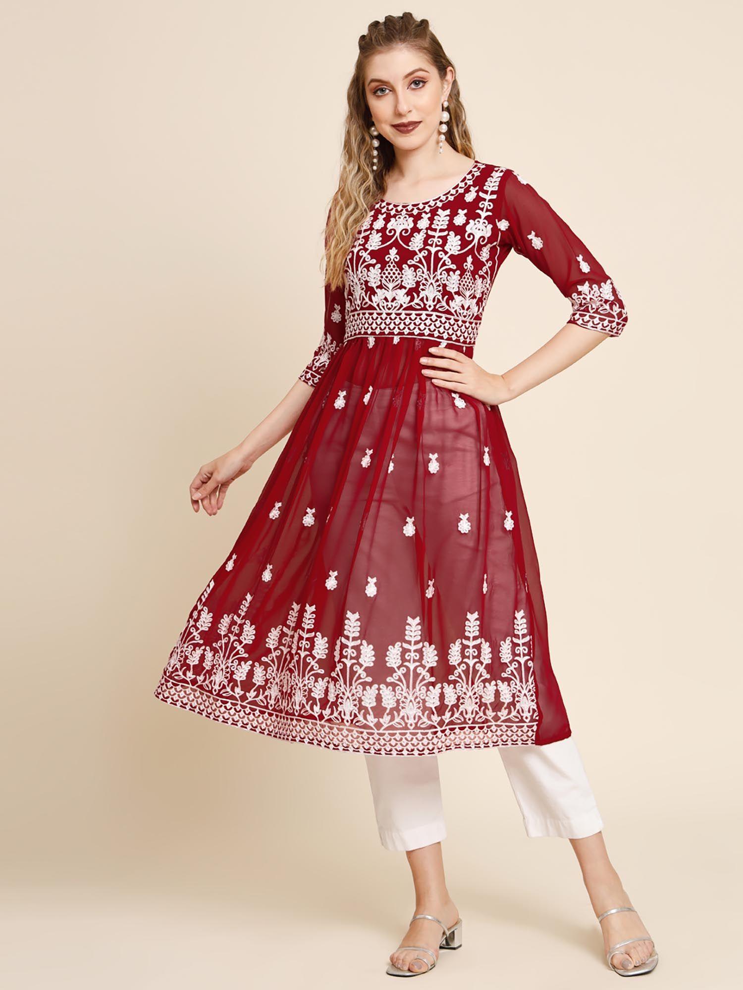 red soft georgette embroidery work anarkali kurta