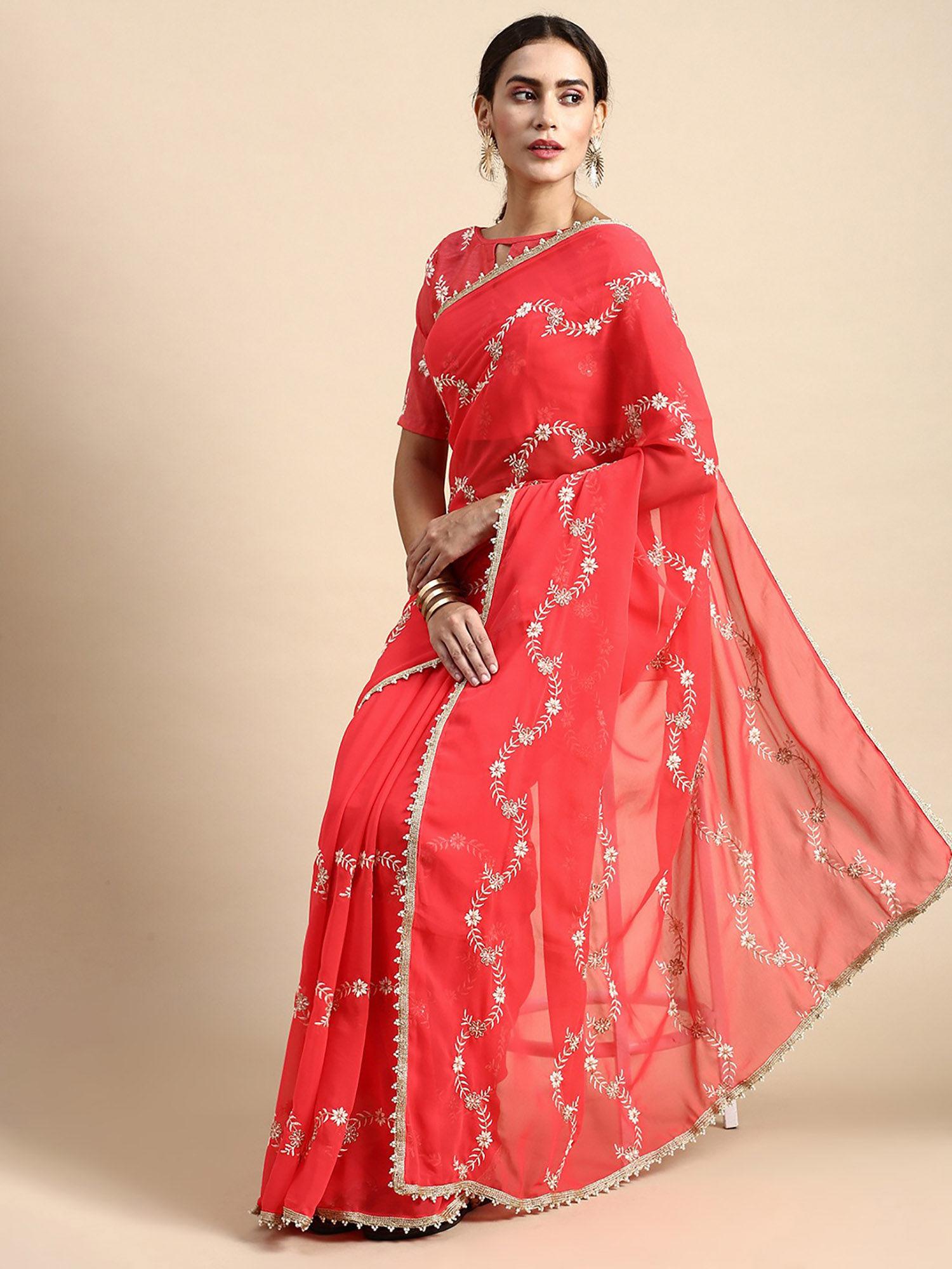 red soft georgette saree with embroidery unstitched blouse