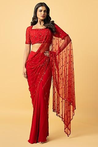red soft net & georgette cutdana embroidered saree set