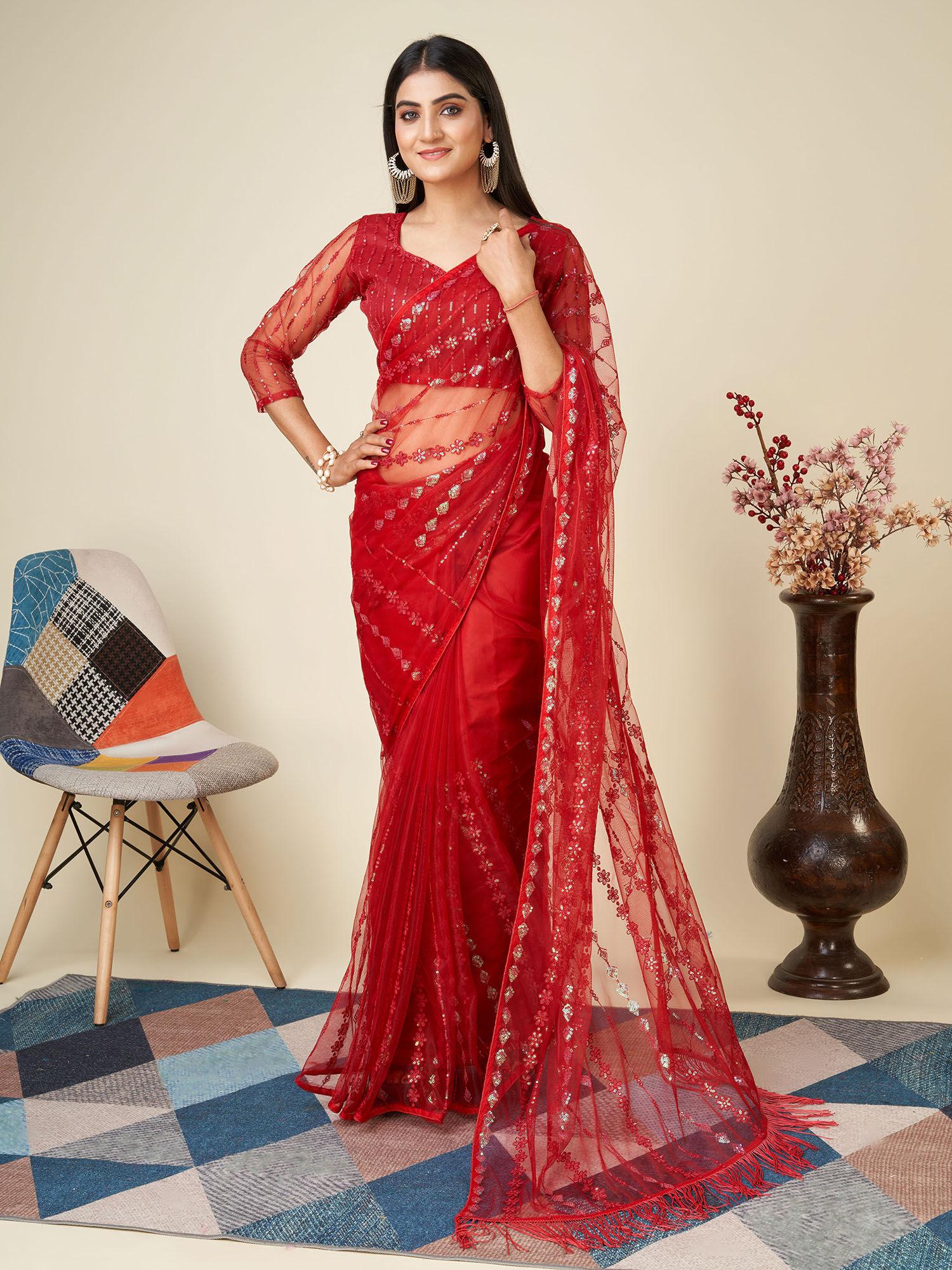 red soft net embroidery work saree with unstitched blouse