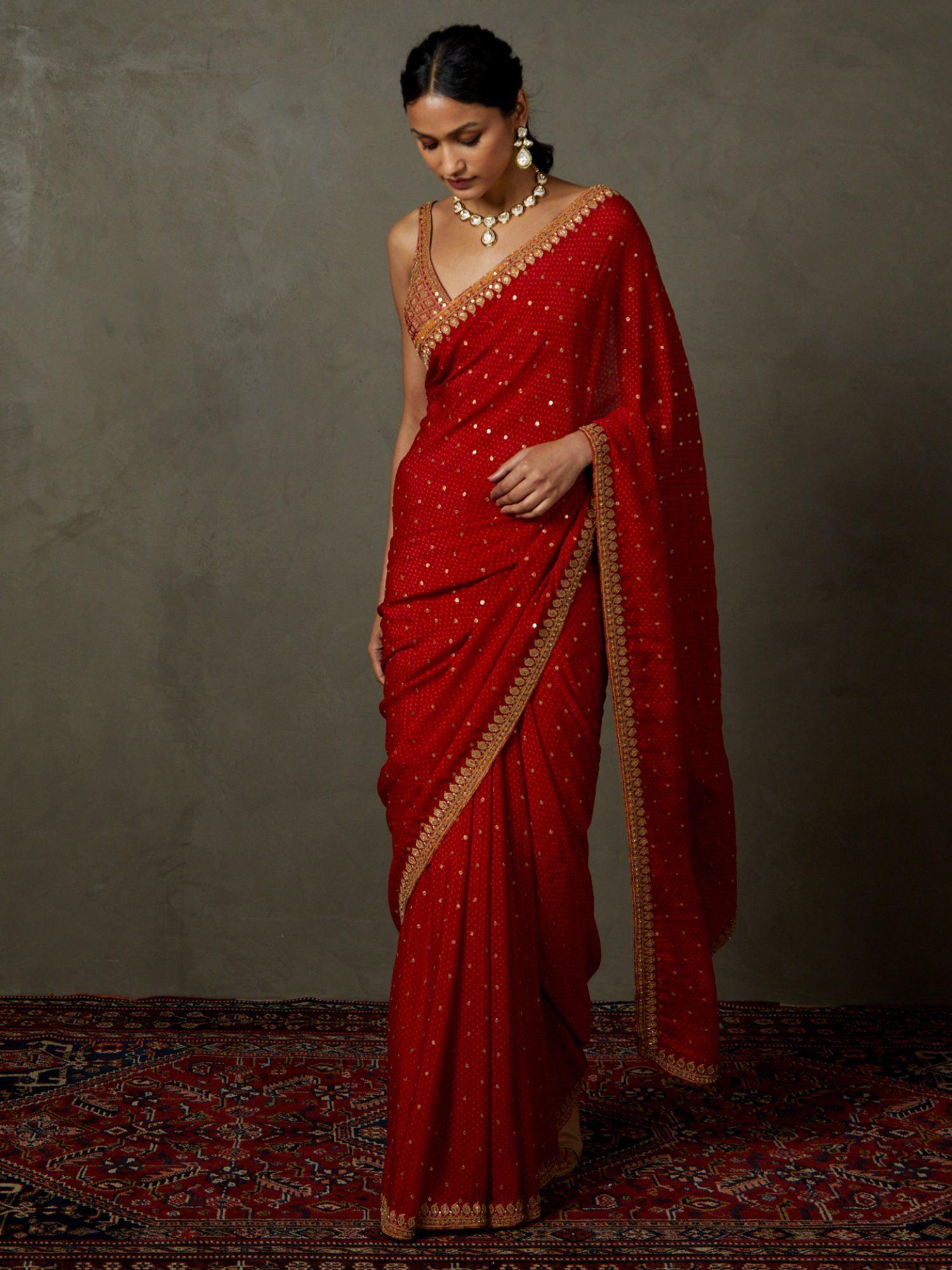 red sohini saree with stitched blouse (set of 2)