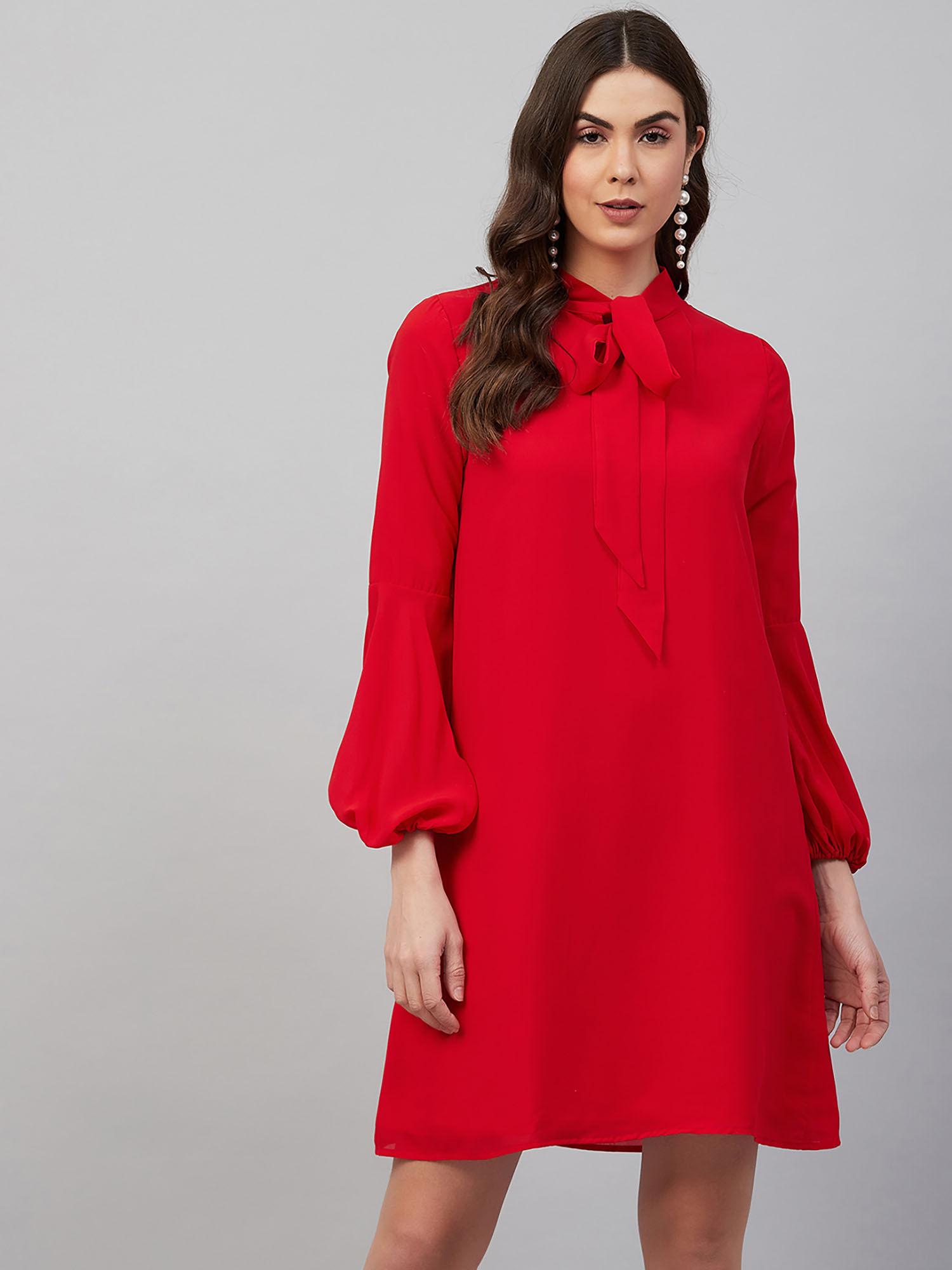 red solid a-line knee length dress