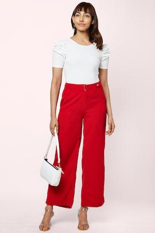 red solid ankle-length casual women regular fit trouser