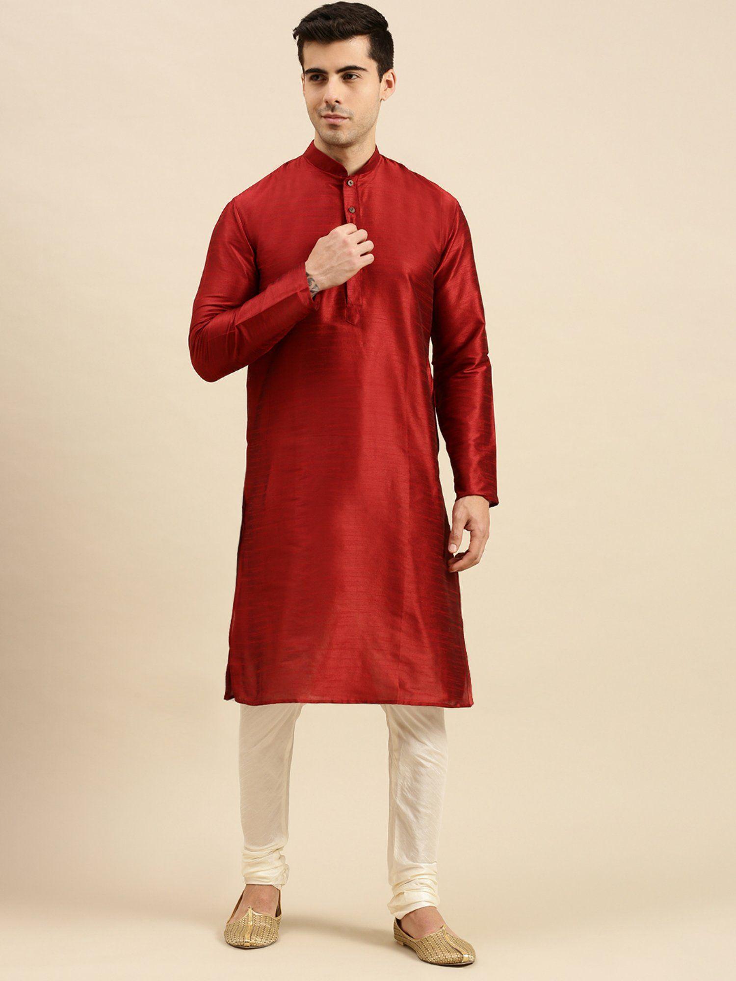 red solid art silk kurta pyjama (set of 2)