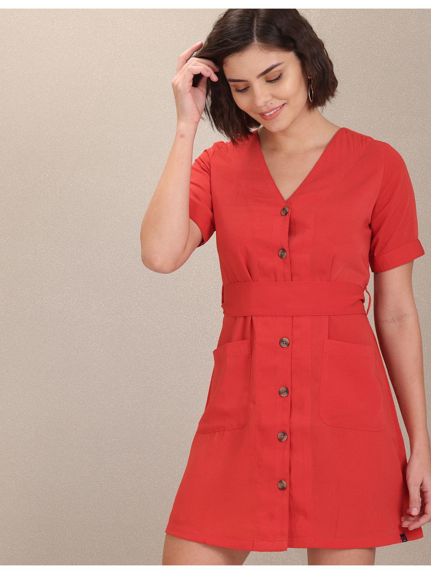 red solid belted shirt dress (set of 2)