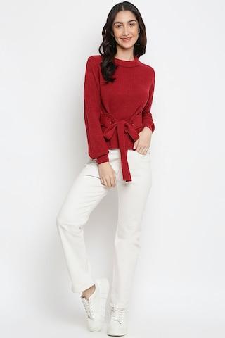 red solid casual full sleeves crew neck women classic fit sweatshirt