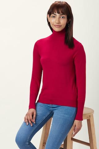 red solid casual full sleeves high neck women slim fit top