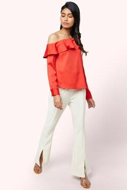 red solid casual full sleeves one shoulder women regular fit top