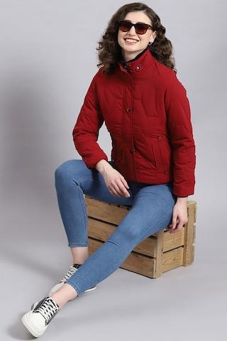 red solid casual full sleeves turtle neck women regular fit jacket