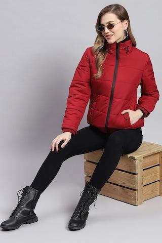 red solid casual full sleeves turtle neck women regular fit jacket