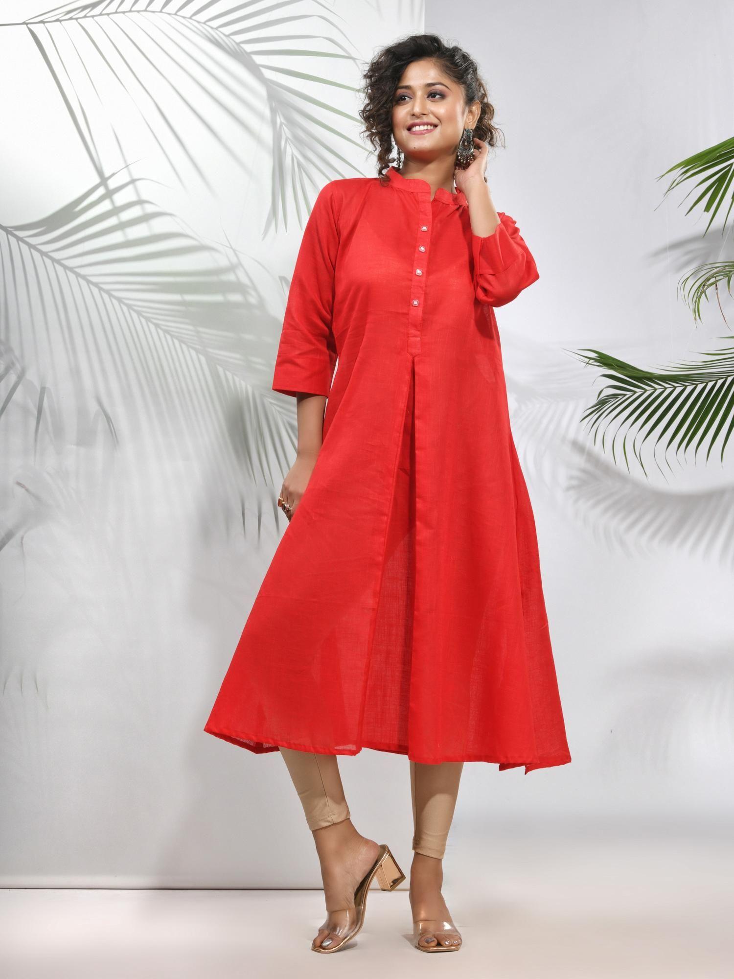 red solid cotton a-line kurta