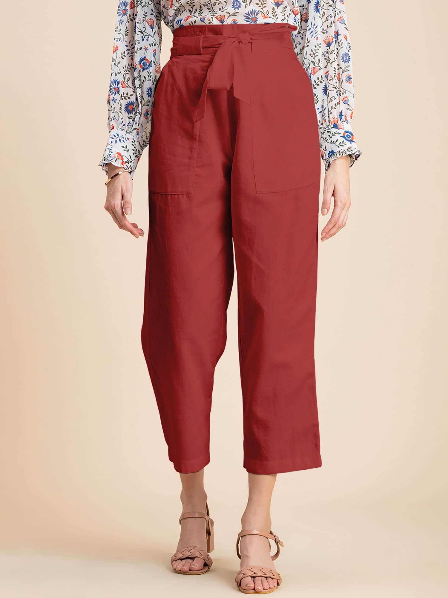 red solid cotton trouser