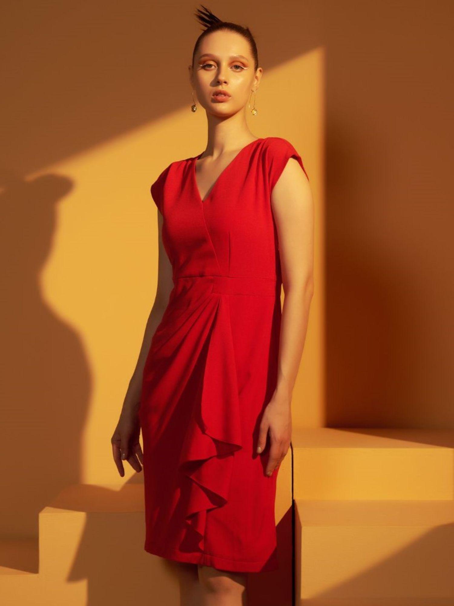 red solid crepe dress