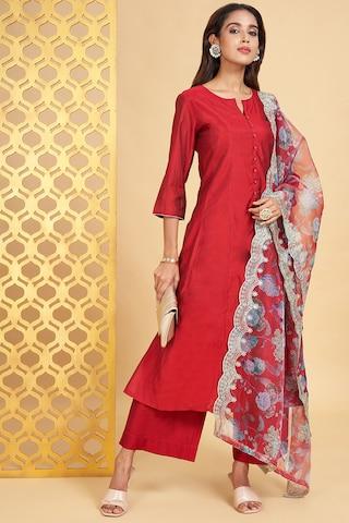 red solid ethnic 3/4th sleeves round neck women regular fit  pant kurta dupatta set