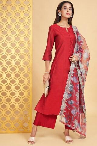 red solid ethnic 3/4th sleeves round neck women regular fit  pant kurta dupatta set