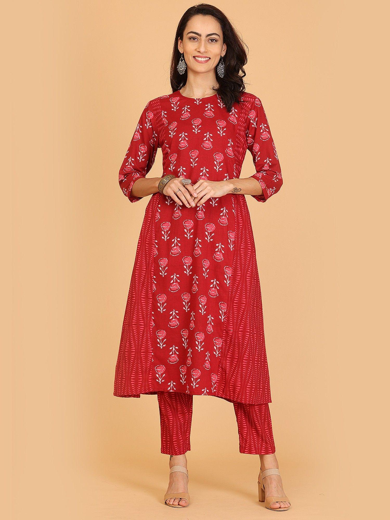 red solid flayred kurta with pant (set of 2)