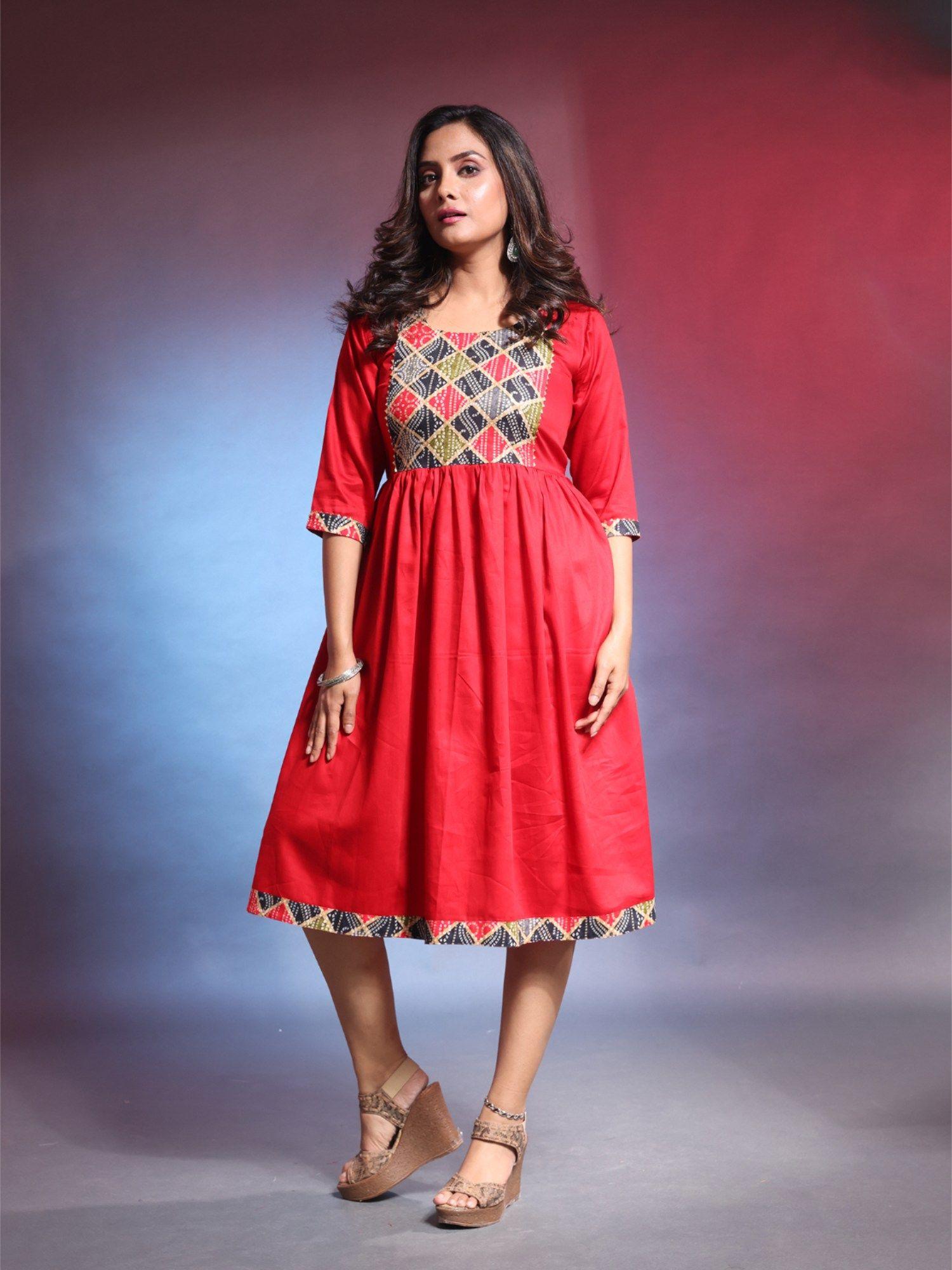 red solid gathered cotton ethnic printed dress