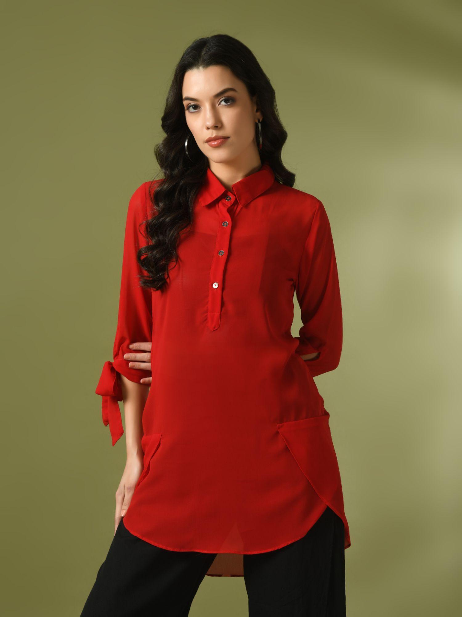 red solid georgette longline party sheer tunic