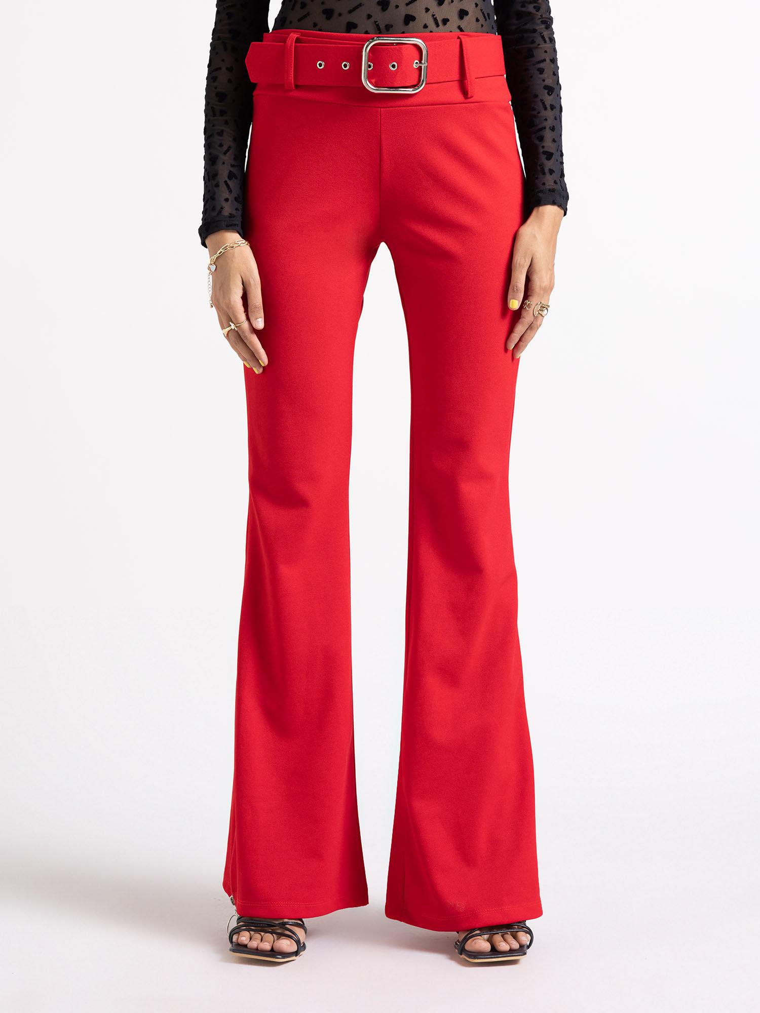 red solid high waist belted fit and flare pants (set of 2)