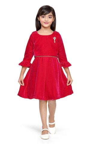 red solid knee length party girls regular fit dress