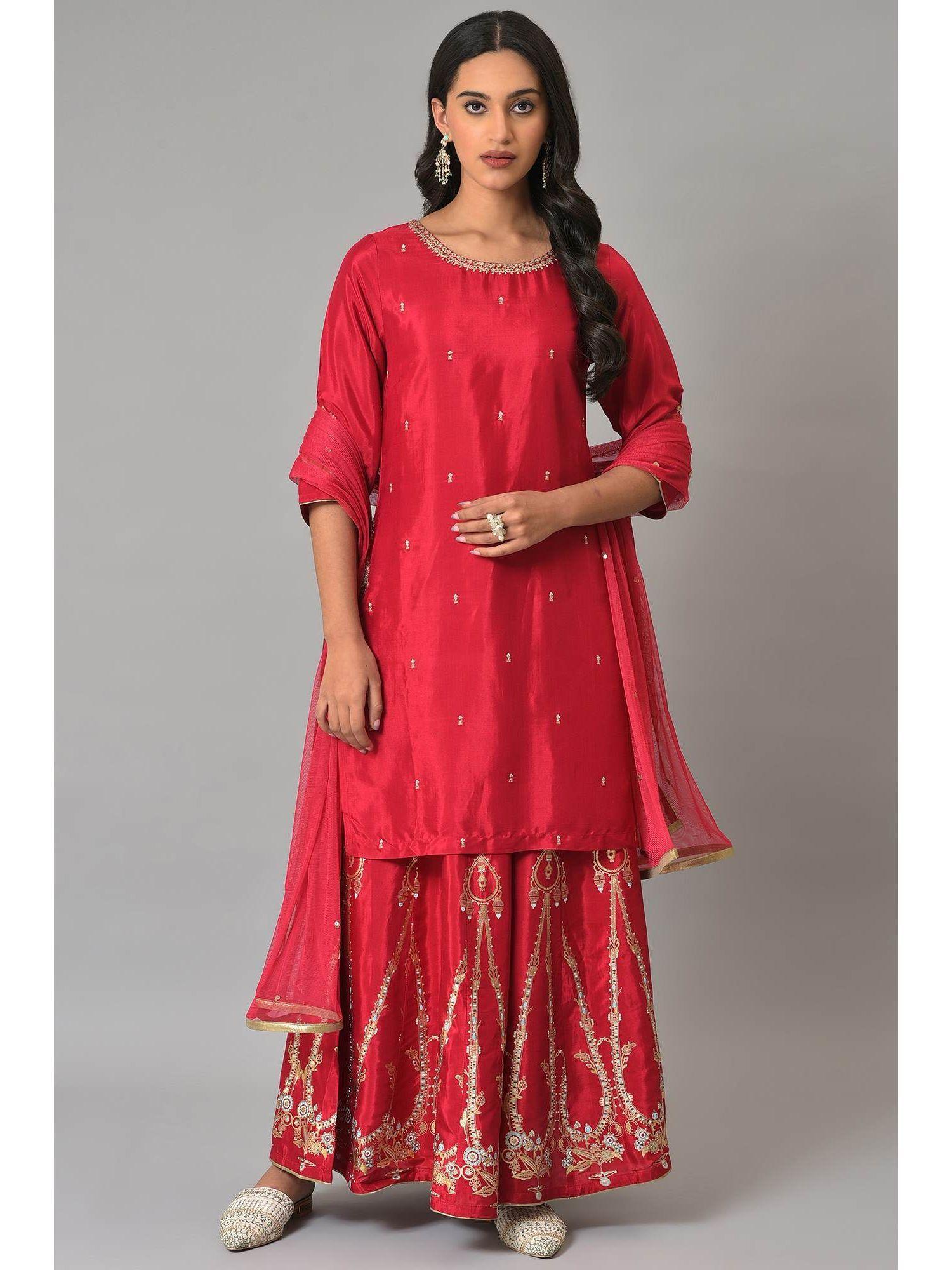 red solid kurta-cullote-dupatta (set of 3)