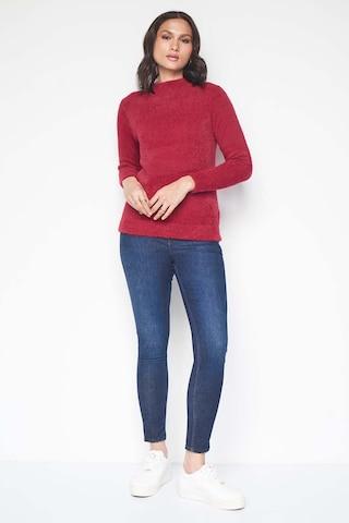 red solid nylon round neck women regular fit sweaters
