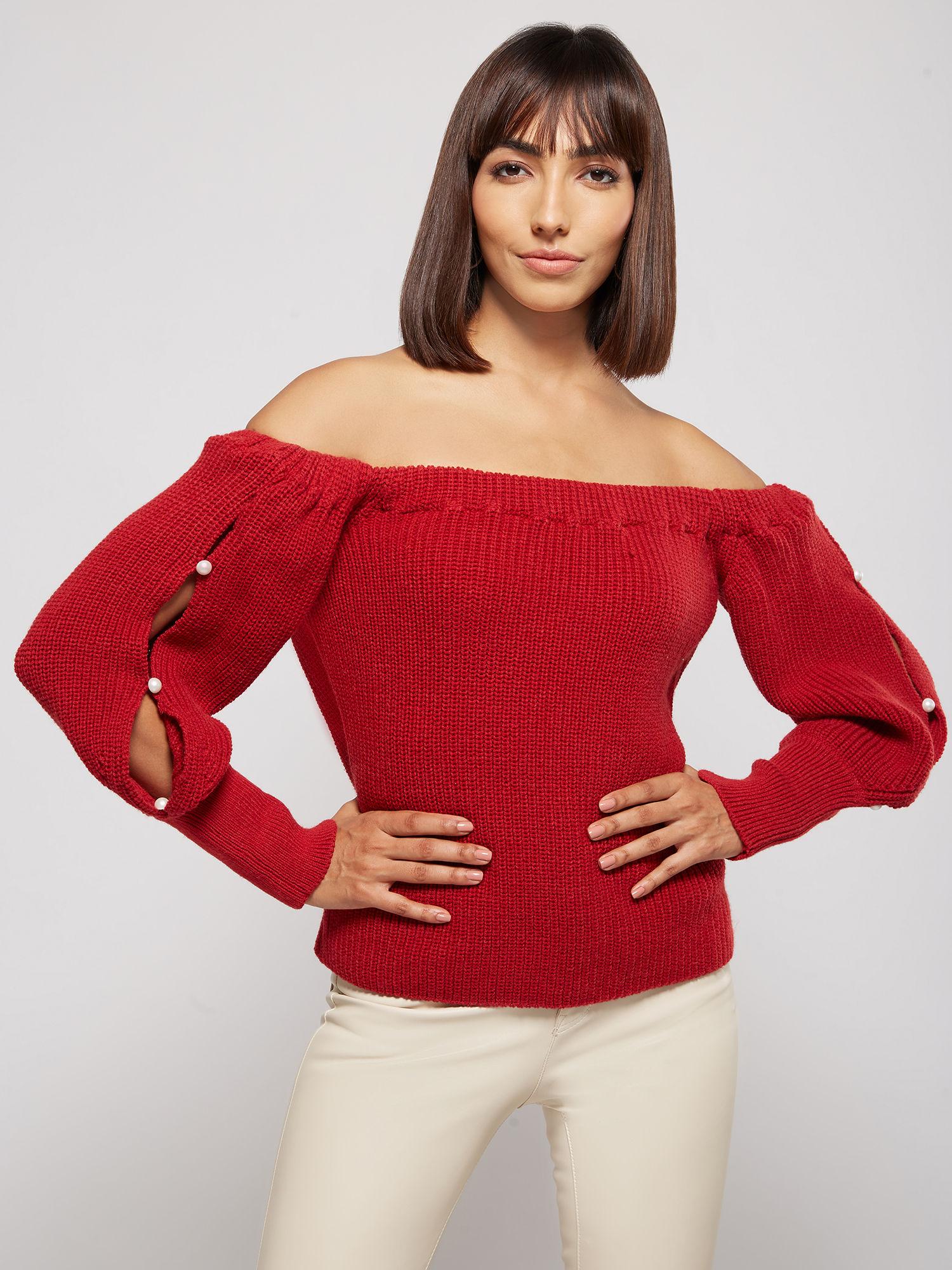 red solid off shoulder sweater top