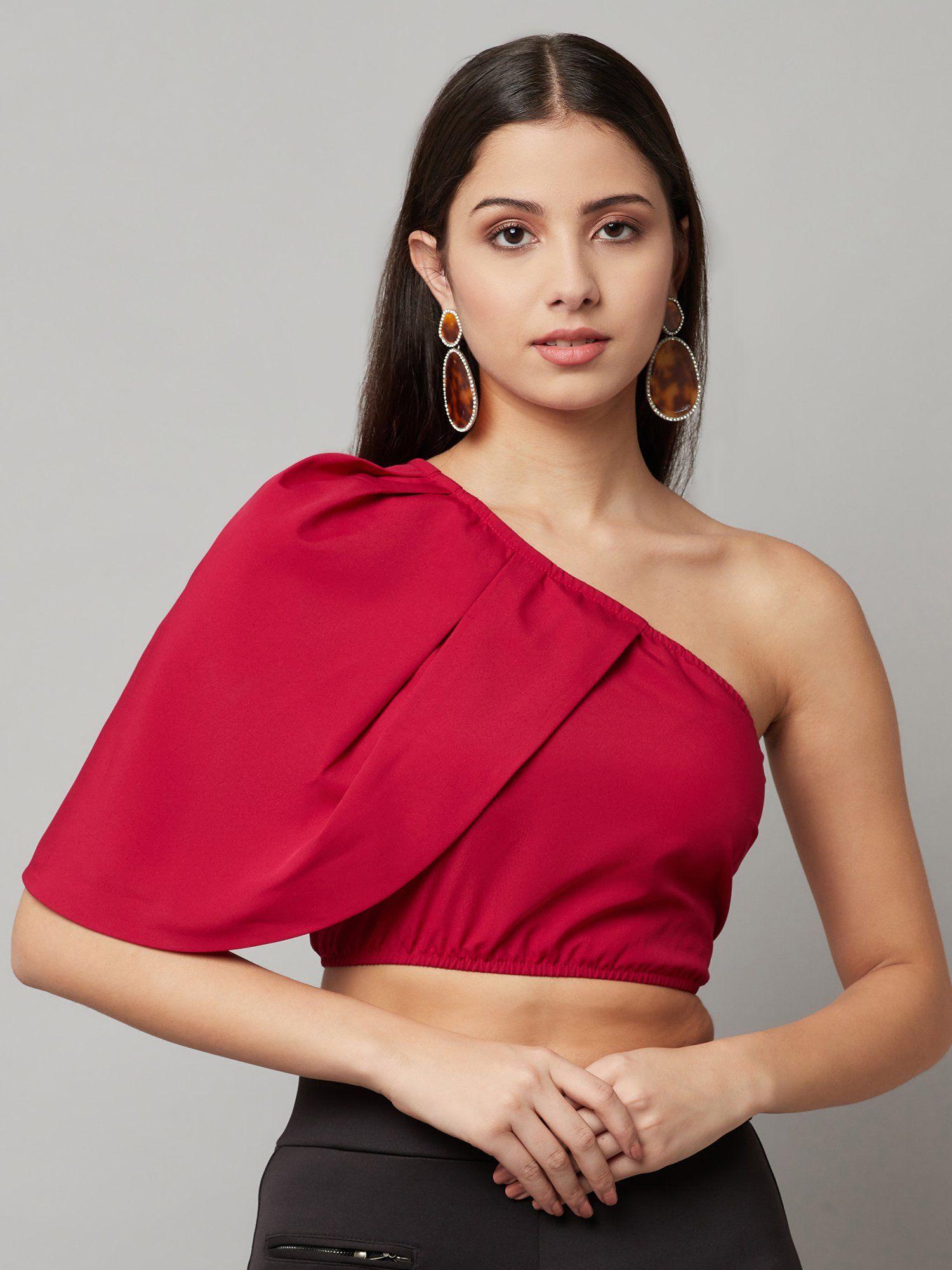 red solid one shoulder cape crop top