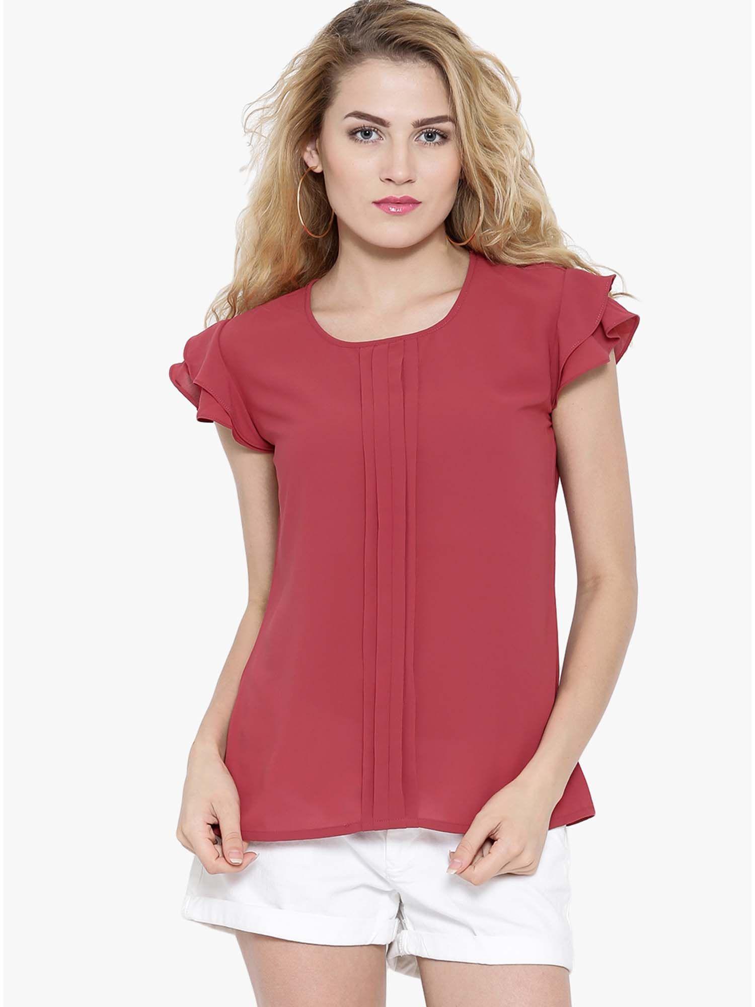 red solid pleated top