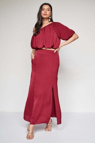 red solid polyester one shoulder women loose fit co-ord sets