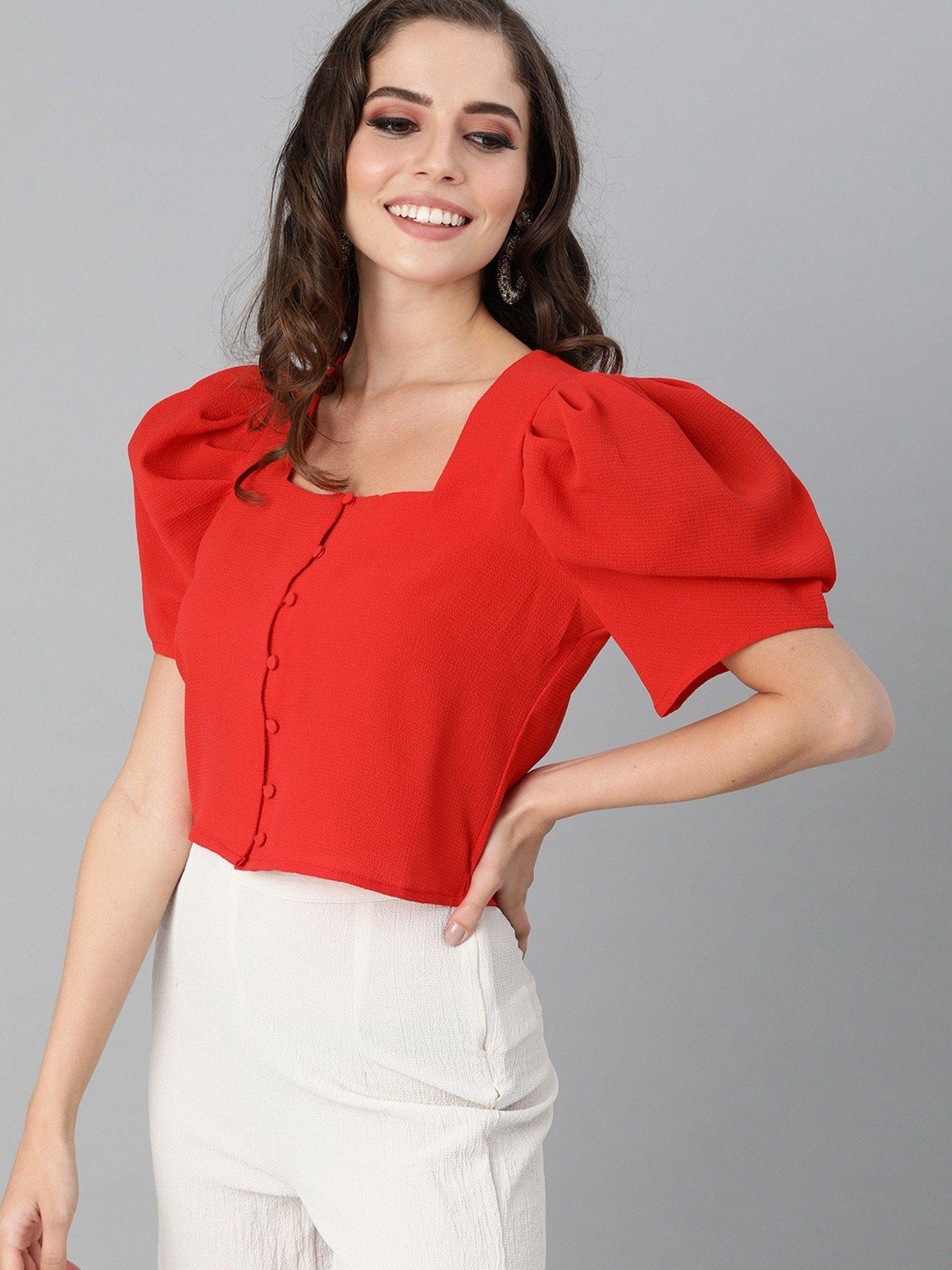 red solid puff sleeves regular crop top