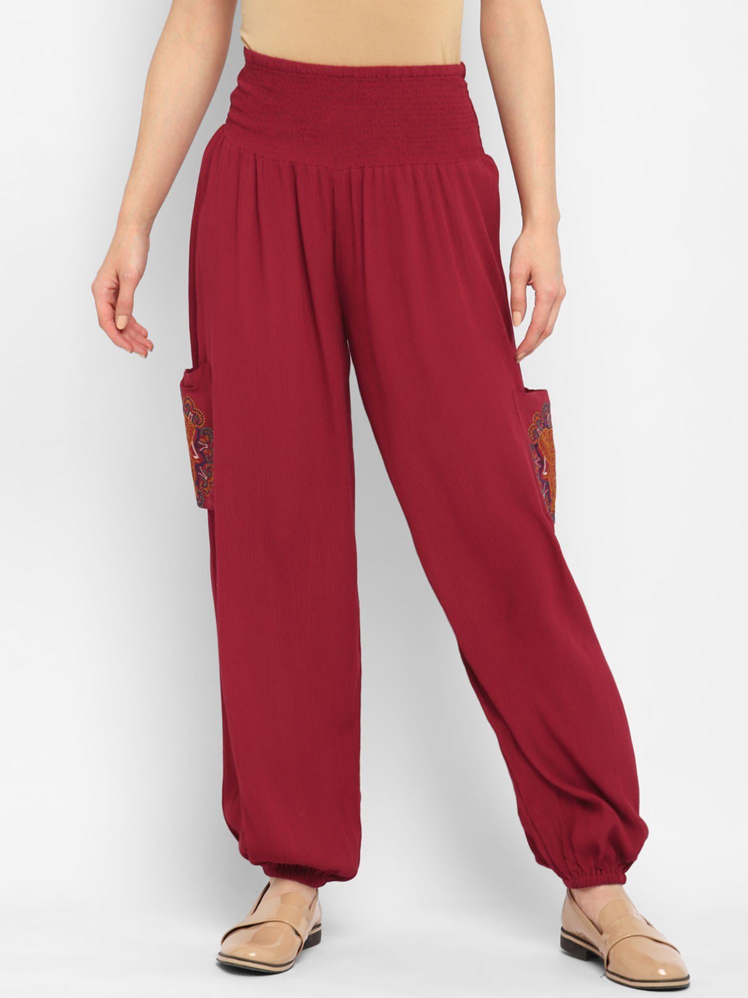 red solid rayon crepe harem pants for women