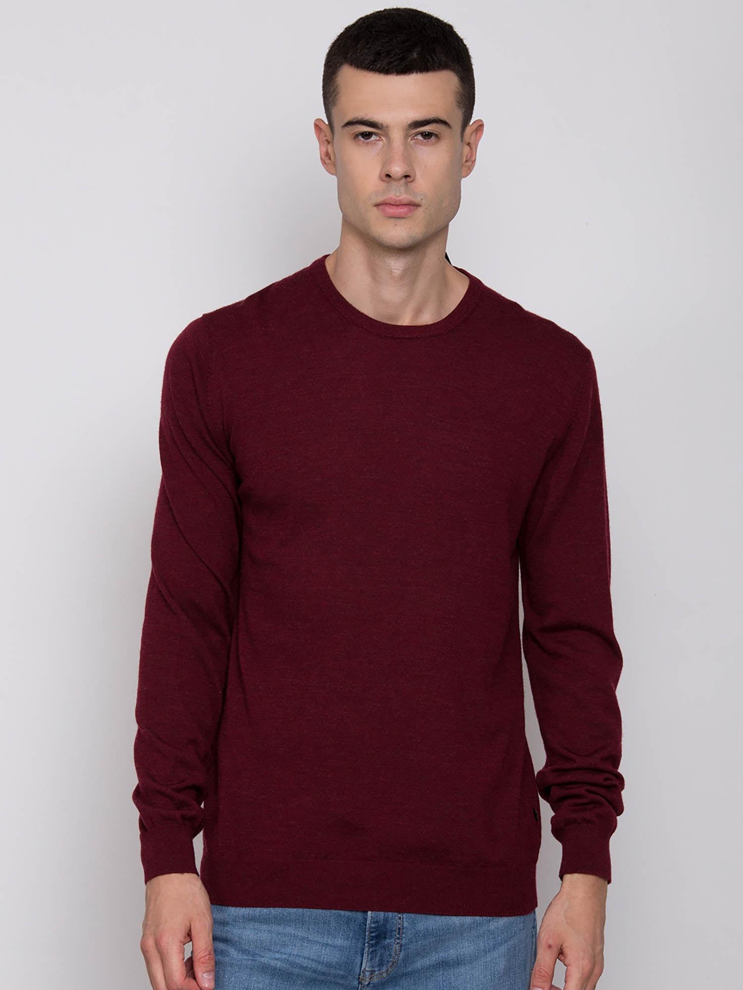 red solid round neck sweater