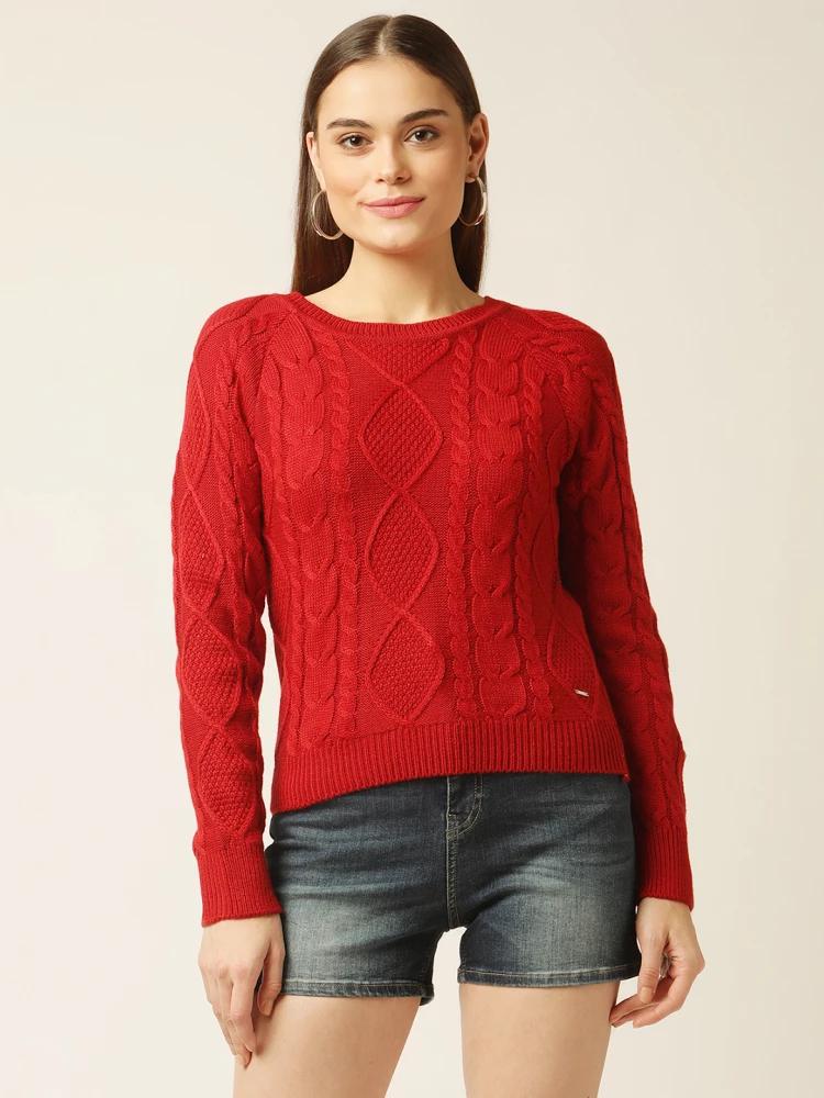 red solid round neck sweater