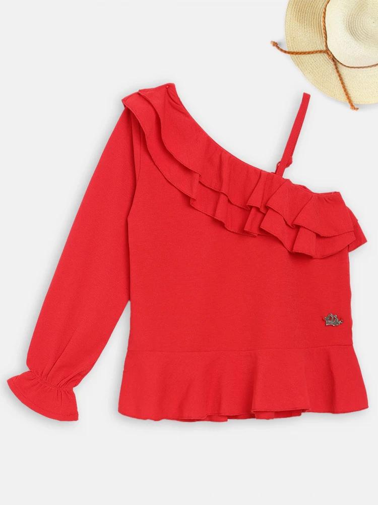 red solid round neck top