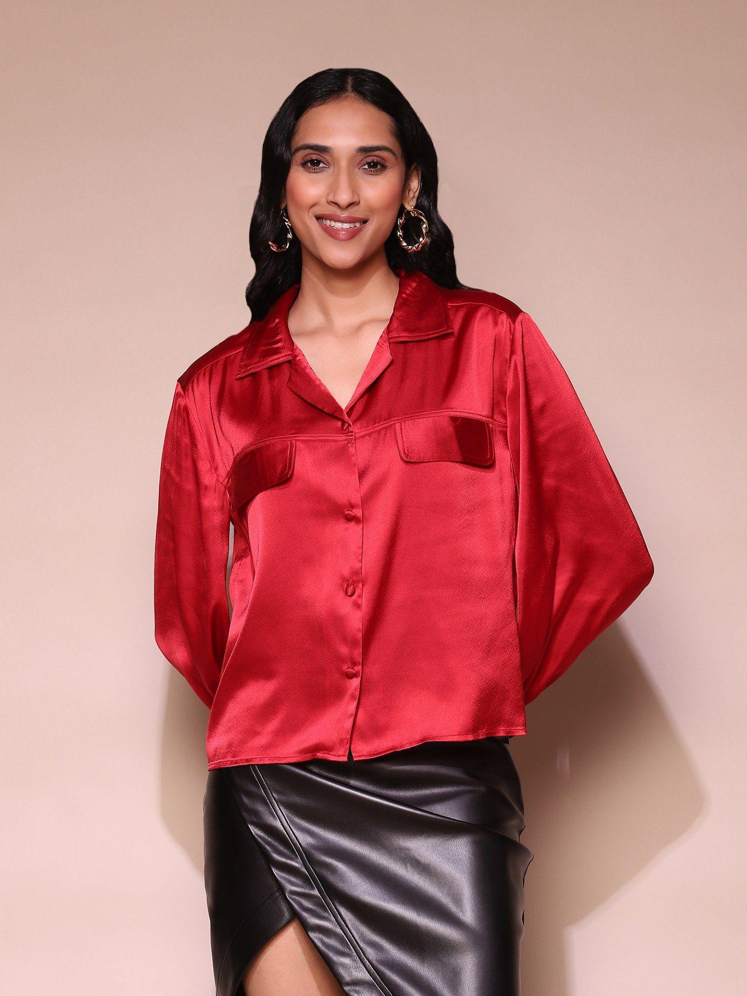 red solid satin collar neck shirt