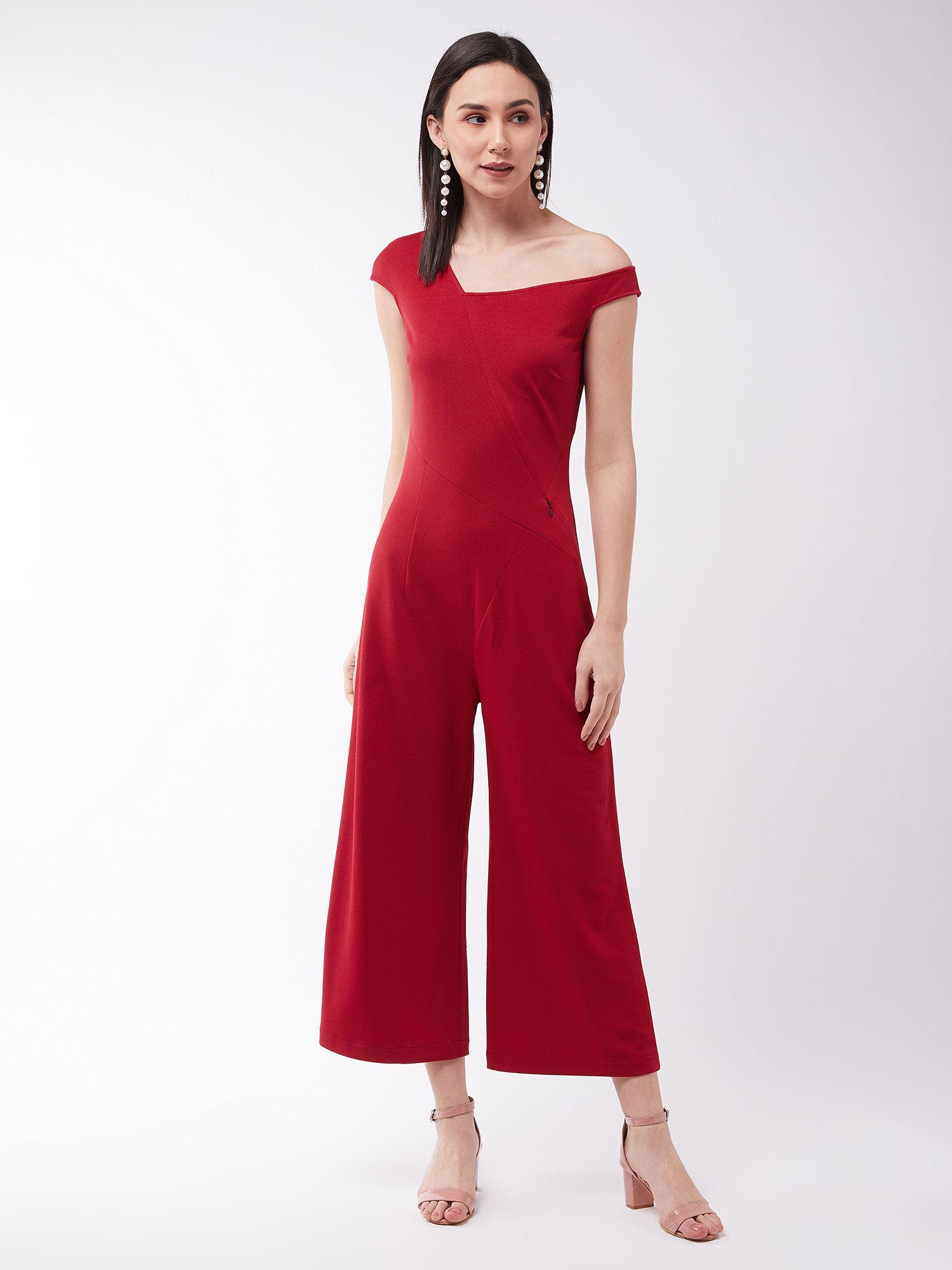 red solid slim fit one-shoulder cap sleeve crop length asymmetrical jumpsuit