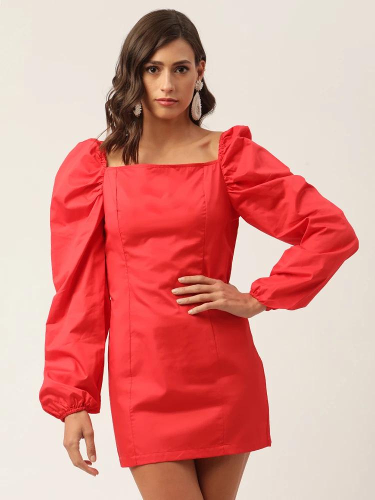 red solid square neck dress