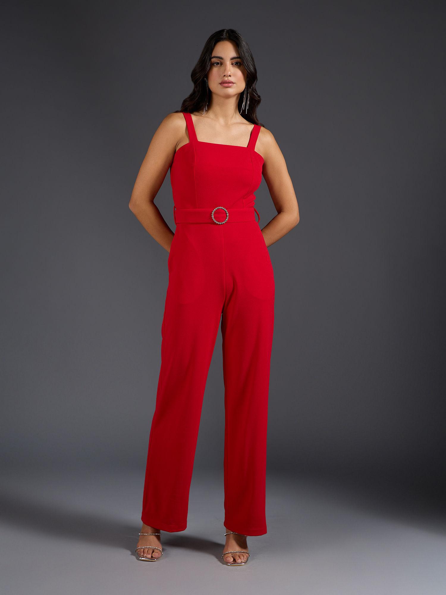 red solid square neck studded belt jumpsuit (set of 2)