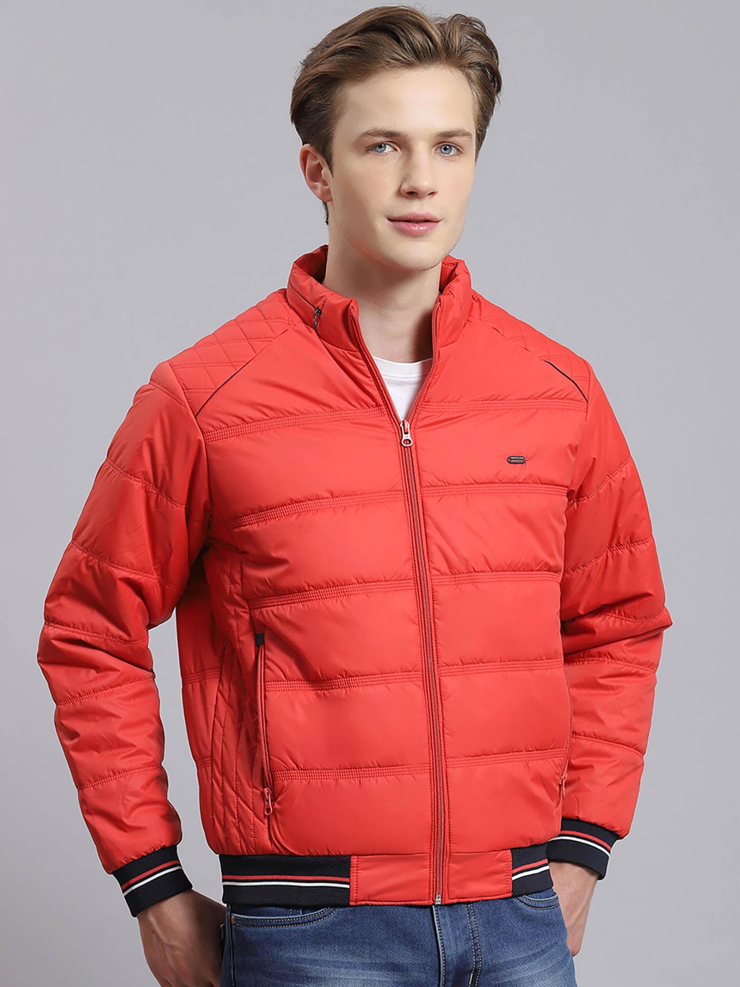 red solid stand collar jacket
