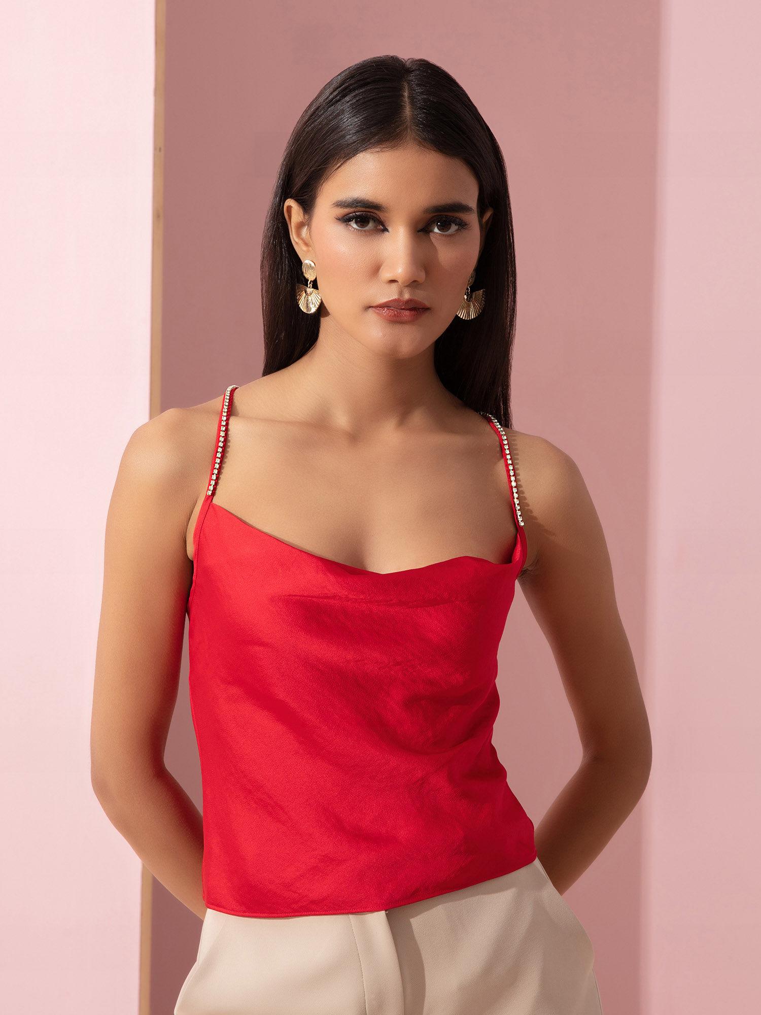 red solid strappy cowl neck camisole top