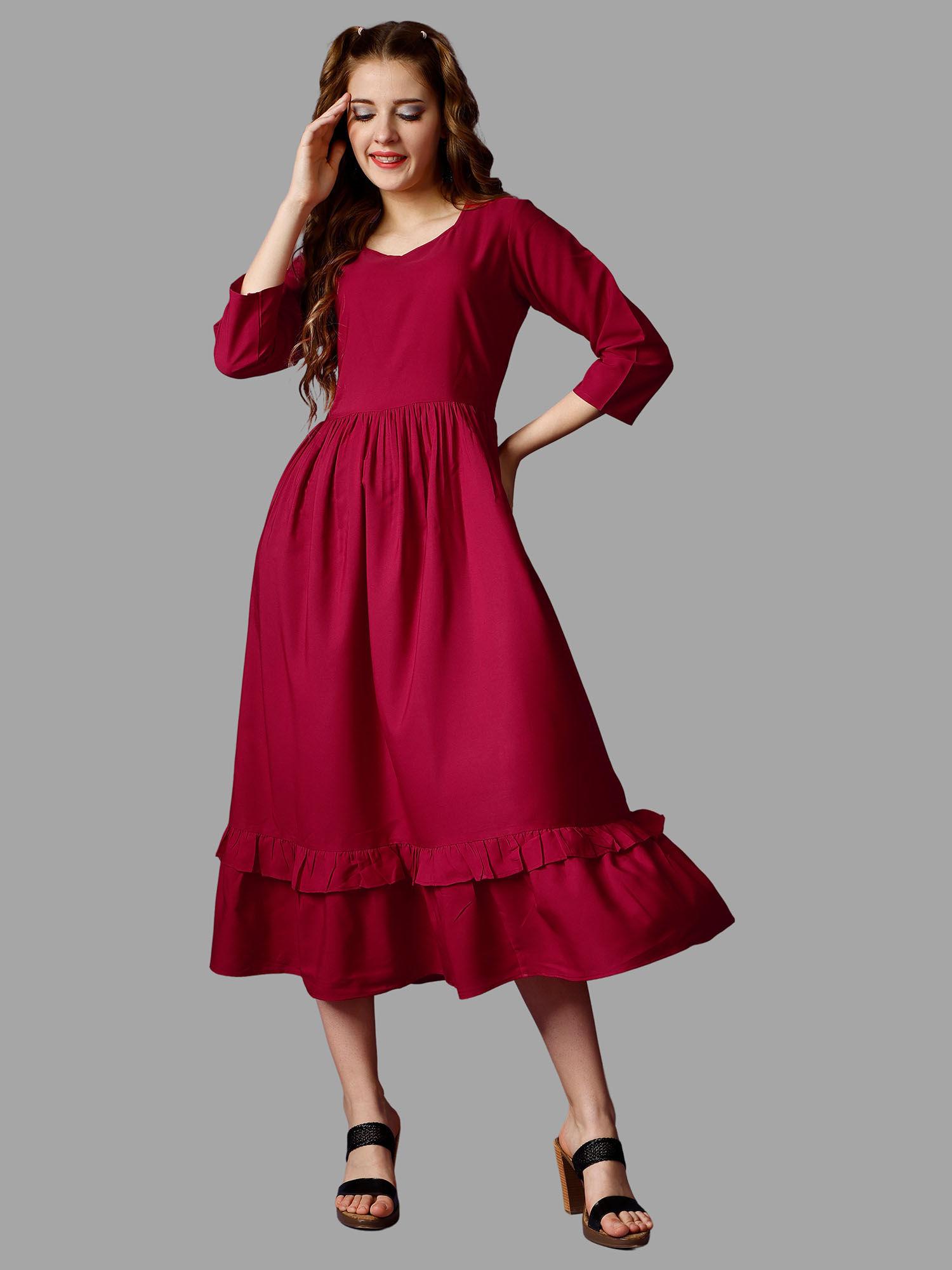 red solid three fourth sleeves midi dress for women