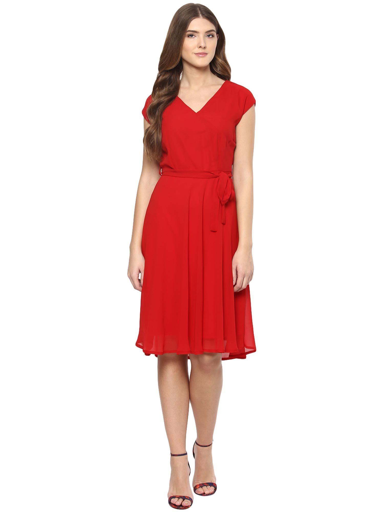 red solid v-neck a line dress (set of 2)