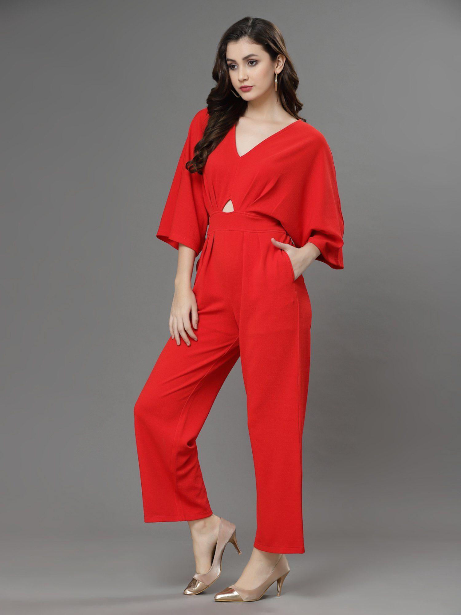 red solid v-neck basic jumpsuit